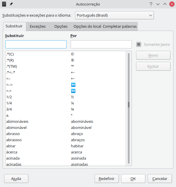 Guia Substituir da caixa de diálogo AutoCorreção