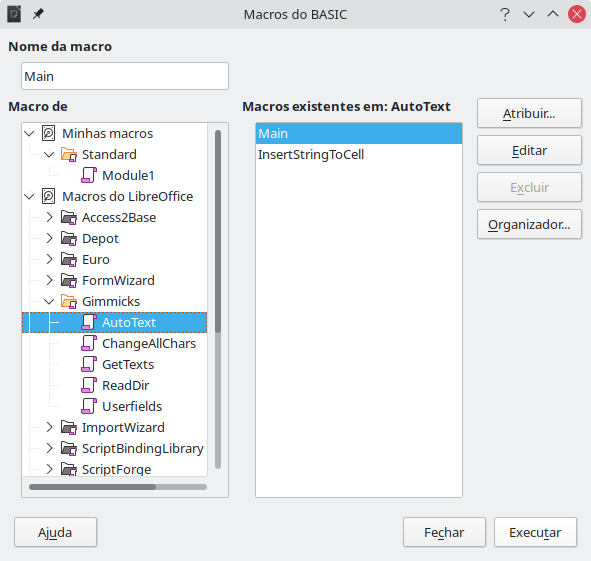 Caixa de diálogo Macros BASIC