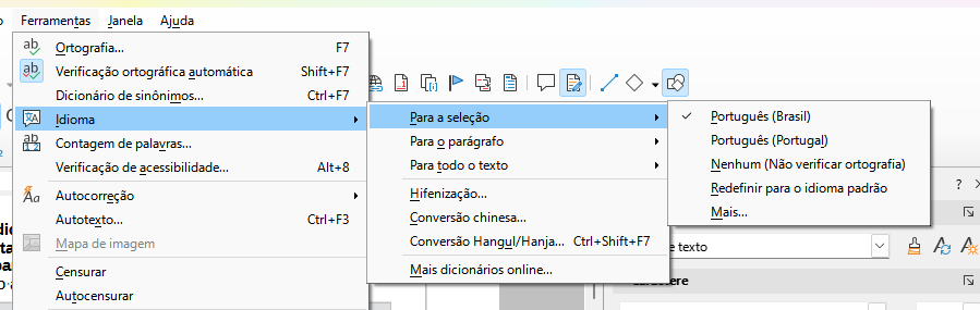 Opções disponíveis em Ferramentas > Idioma na barra de Menus