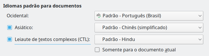 opções nas configurações de Idiomas