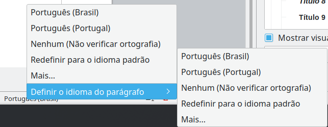 opções de idioma na barra de Status