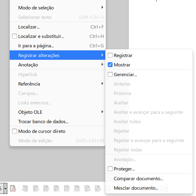 menu Registrar alterações