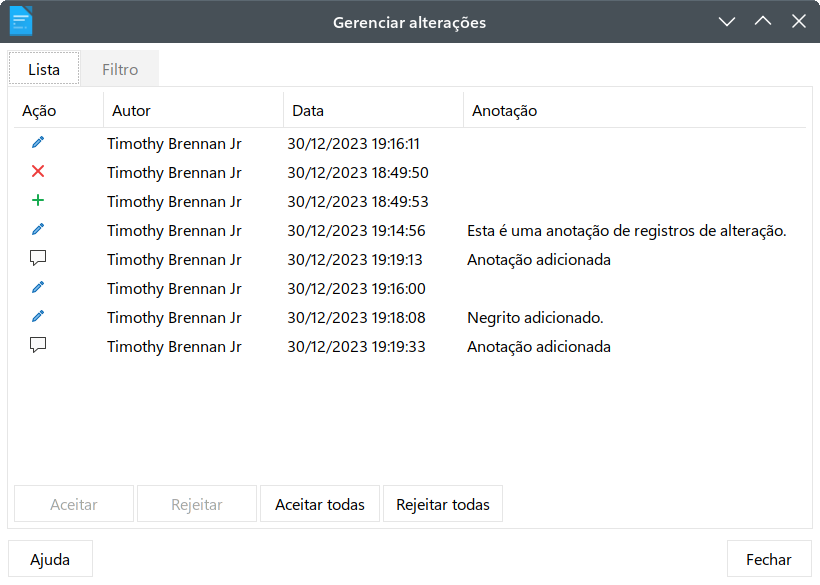 aba Lista da caixa de diálogo Gerenciar alterações