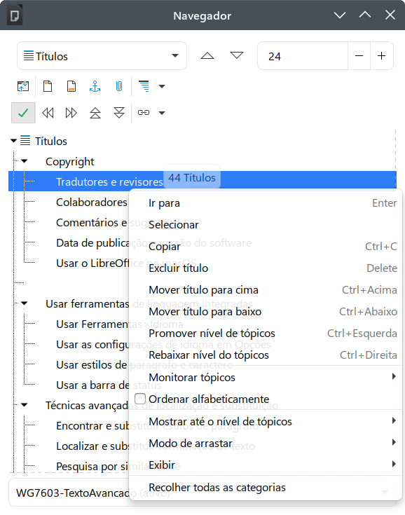 menu de contexto para títulos no Navegador