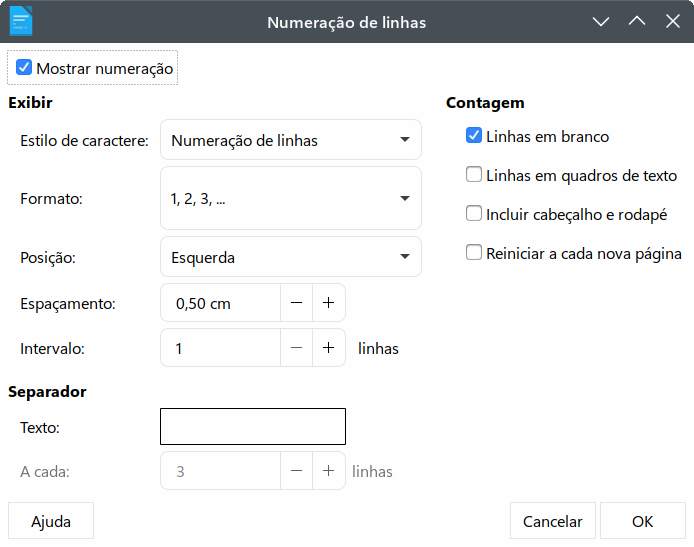 caixa de diálogo Numeração de linhas