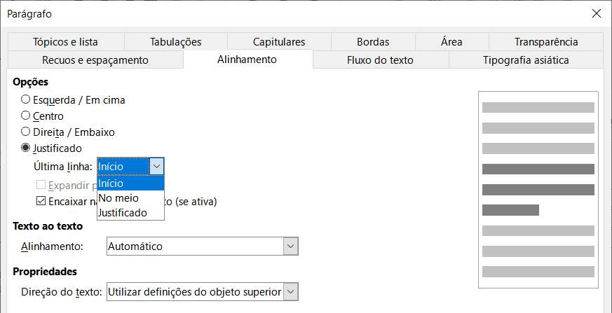 Opções para a última linha de um parágrafo justificado