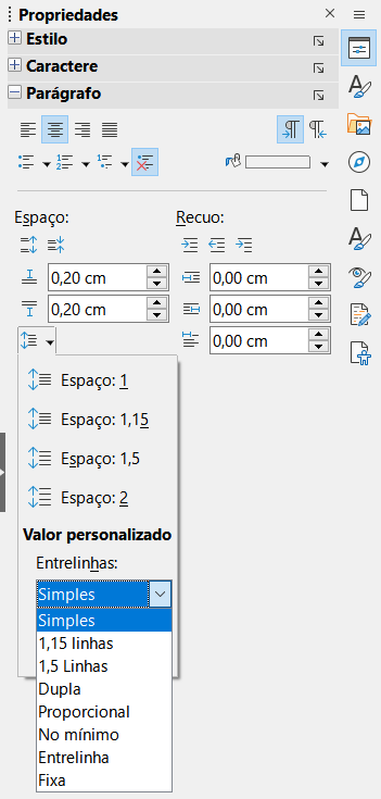 Submenu de espaçamento entre linhas