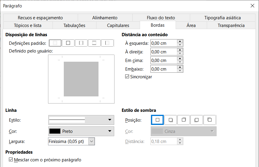 Opções para bordas de parágrafo