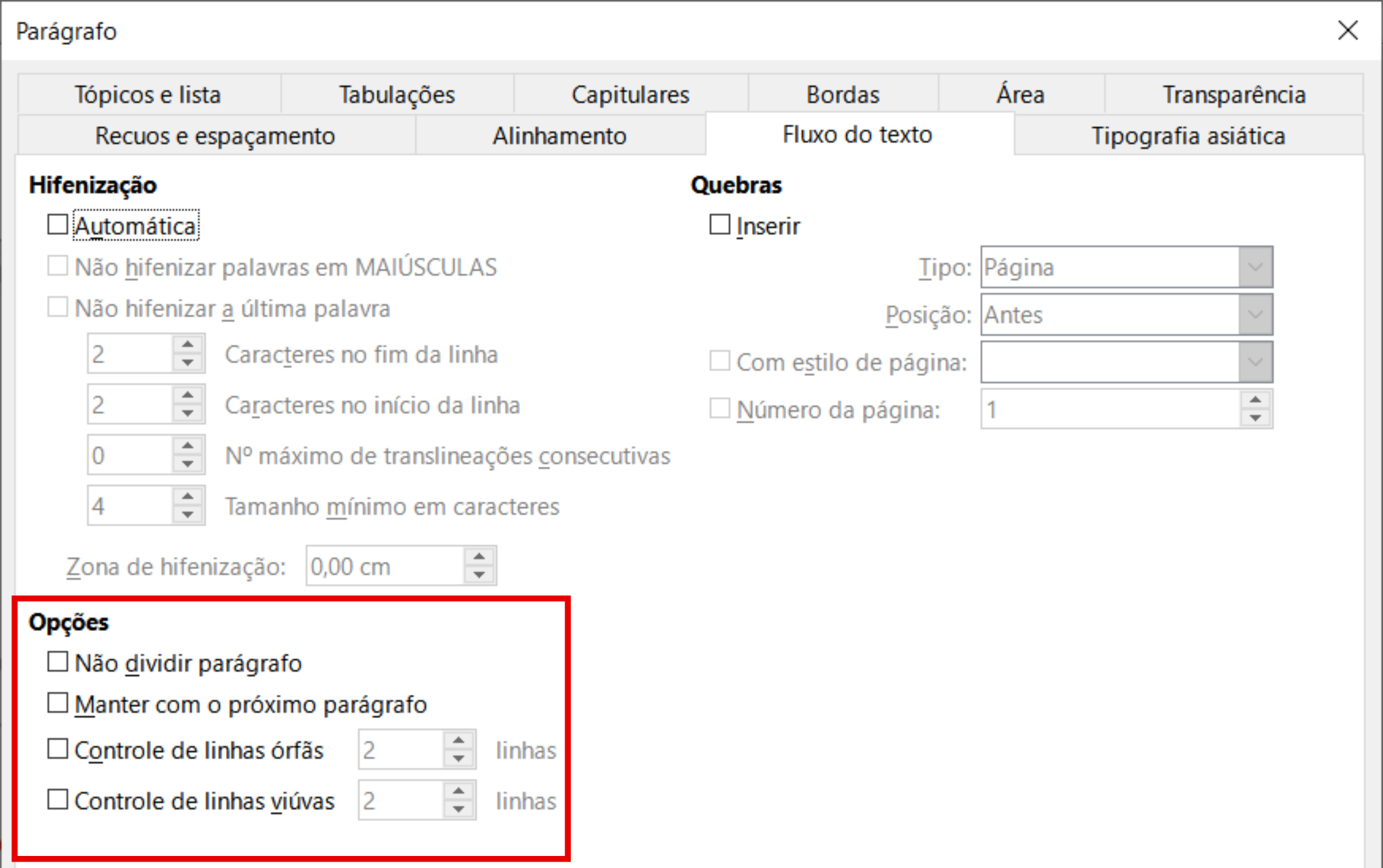 Opções para fluxo de texto: hifenização, quebras e manter o texto unido