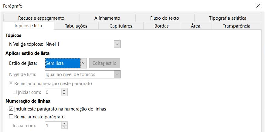 Seleção do nível de tópicos, estilo de lista e numeração de linha