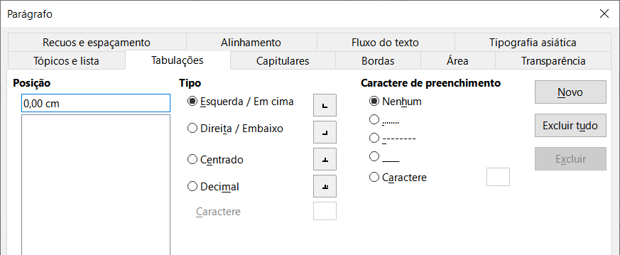 Especificar paradas de tabulação e caracteres de preenchimento