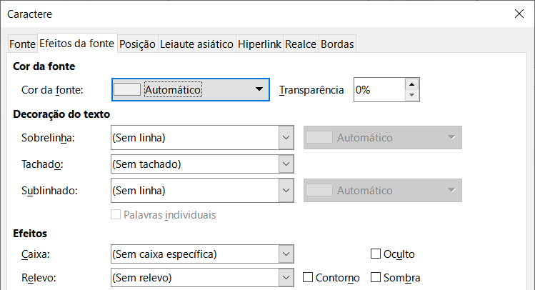 Aba Efeitos de Fonte da caixa de diálogo Caractere