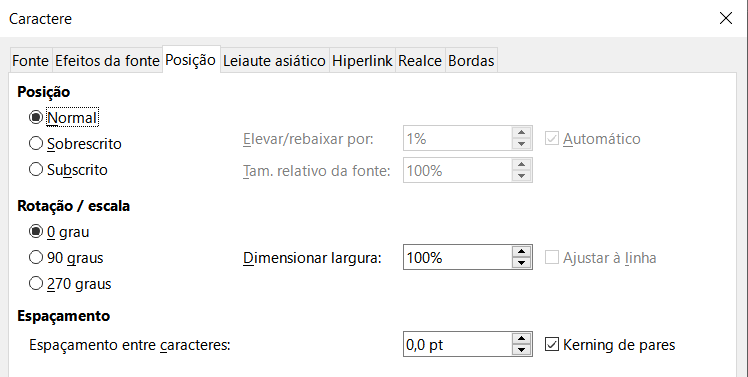 Aba Posição da caixa de diálogo Caractere