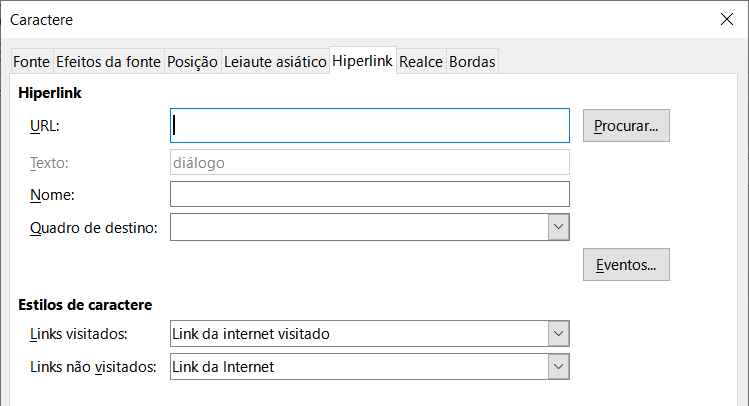 Aba Hiperlink da caixa de diálogo Caractere