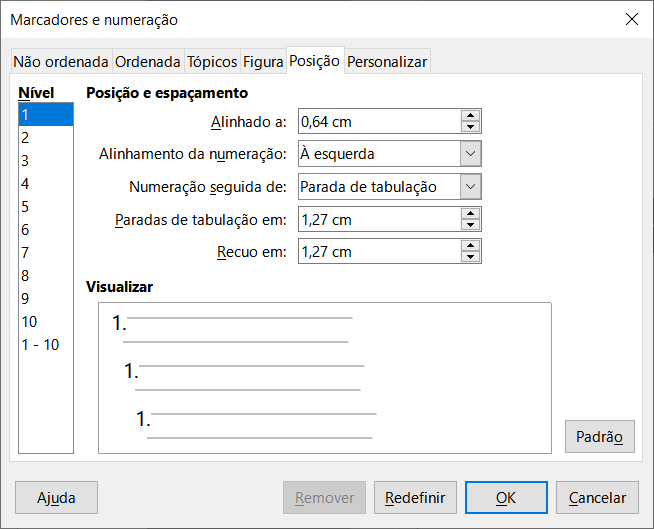 Aba Posição da caixa de diálogo Marcadores e numeração