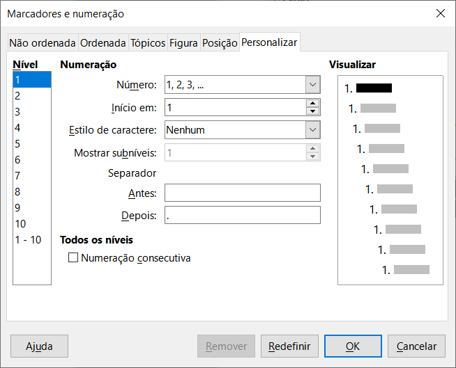Aba Personalizar da caixa de diálogo Marcadores e numeração