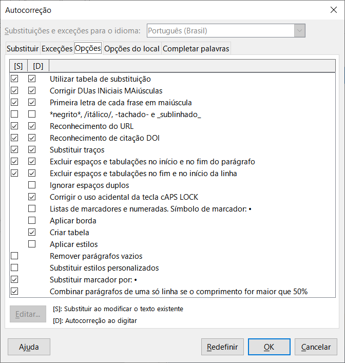 Opçõesde formatação automática na aba Opções