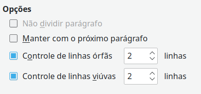 manter com o próximo parágrafo e não dividir as opções de parágrafo na caixa de diálogo Parágrafo