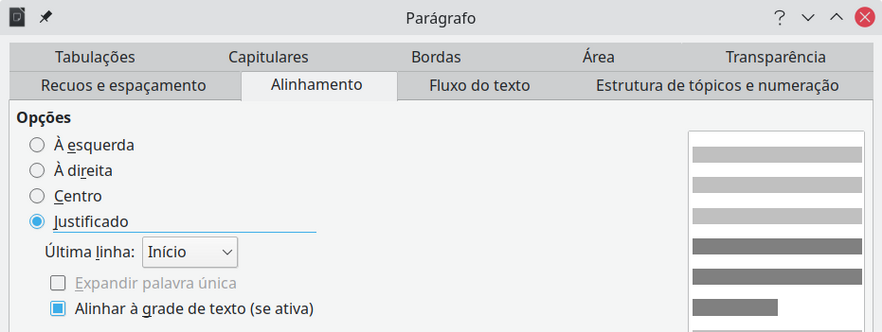 aba Alinhamento da caixa de diálogo Parágrafo