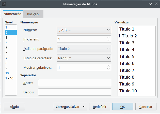 especificar estilo de parágrafo e numeração para títulos de capítulos