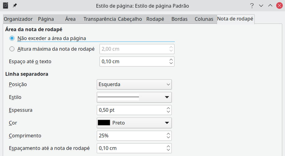 definir a localização da nota de rodapé e a linha separadora