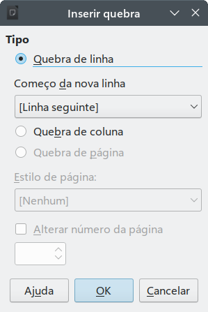 inserção de uma quebra de linha