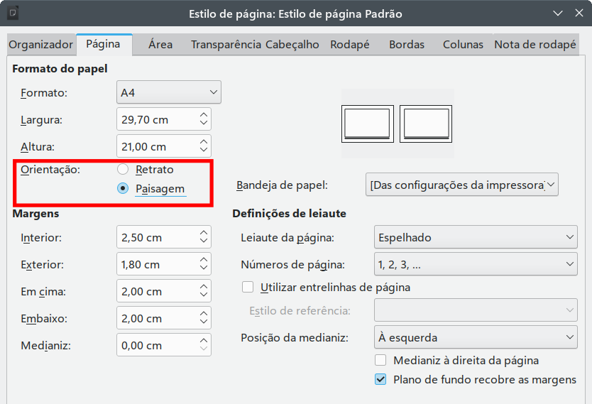 definir orientação e margens para uma página de paisagem