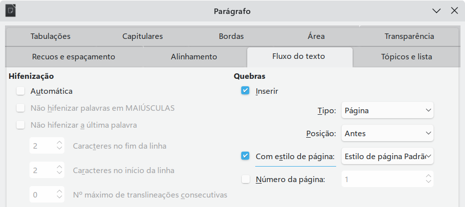 especificar uma quebra de página antes de um parágrafo