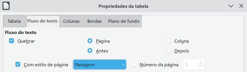 Especificar uma quebra de página antes de uma tabela