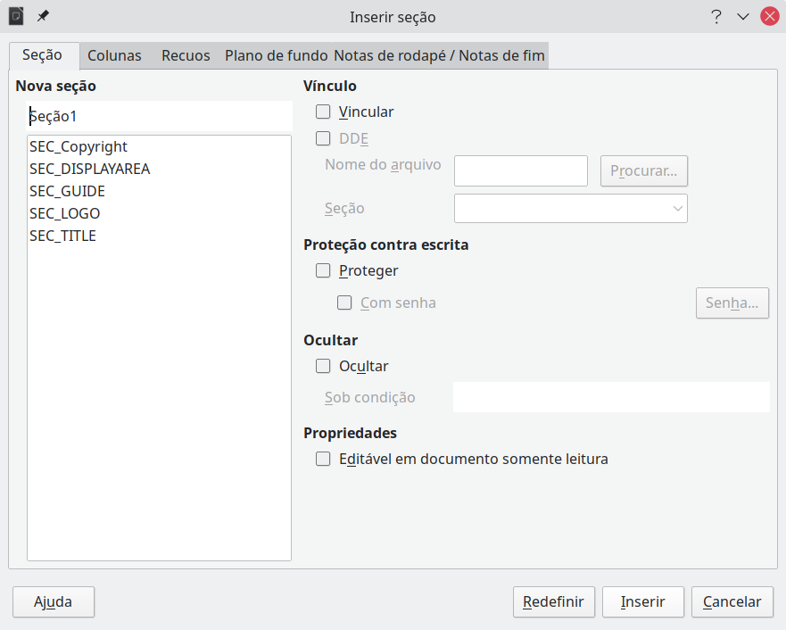 Inserir uma seção usando a caixa de diálogo Inserir Seção