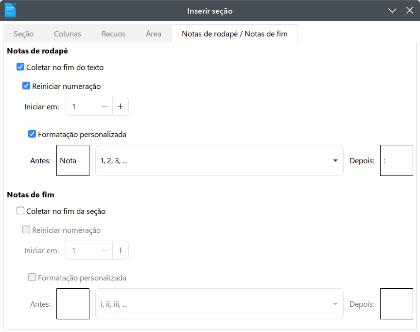 definir notas de rodapé e notas de fim para seções