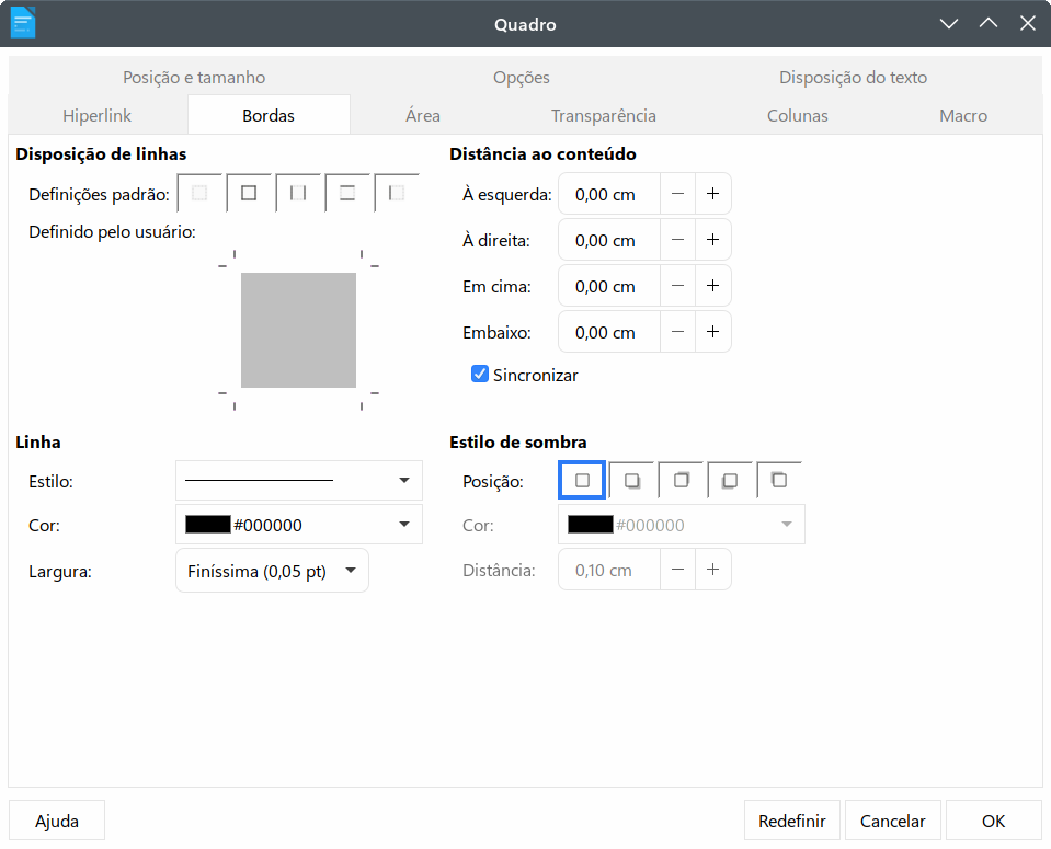Caixa de diálogo Quadro: aba Bordas