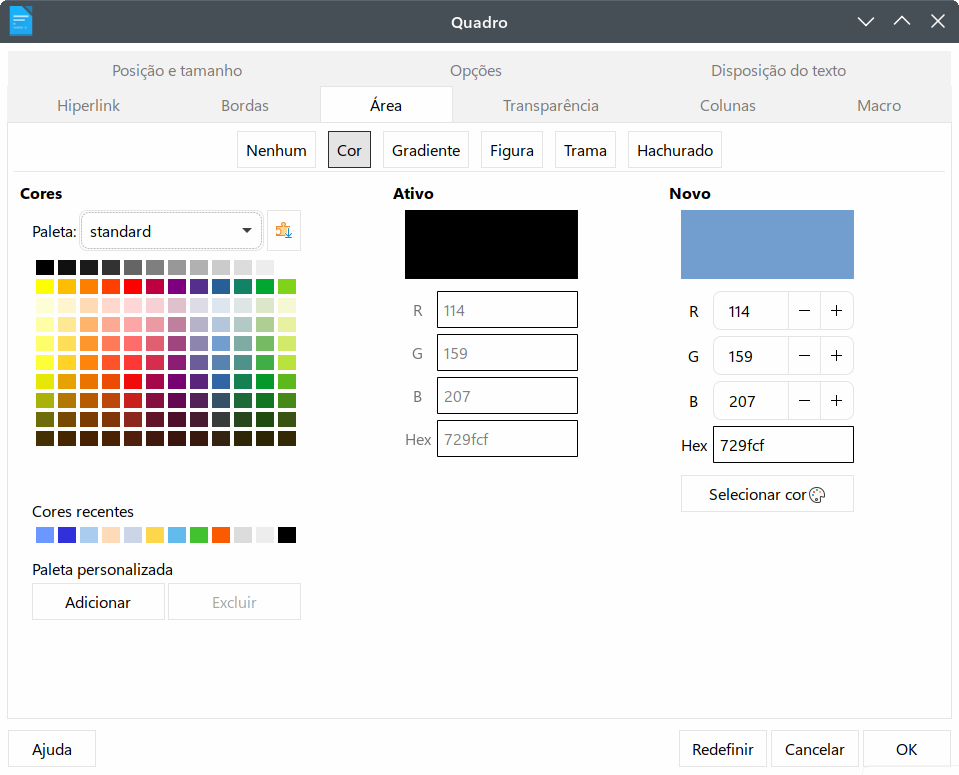 caixa de diálogo Quadro: aba área mostrando opções de cores
