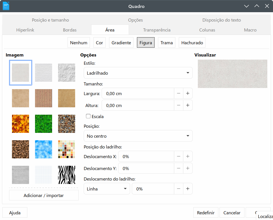 caixa de diálogo Quadro: aba Área mostrando opções de imagem