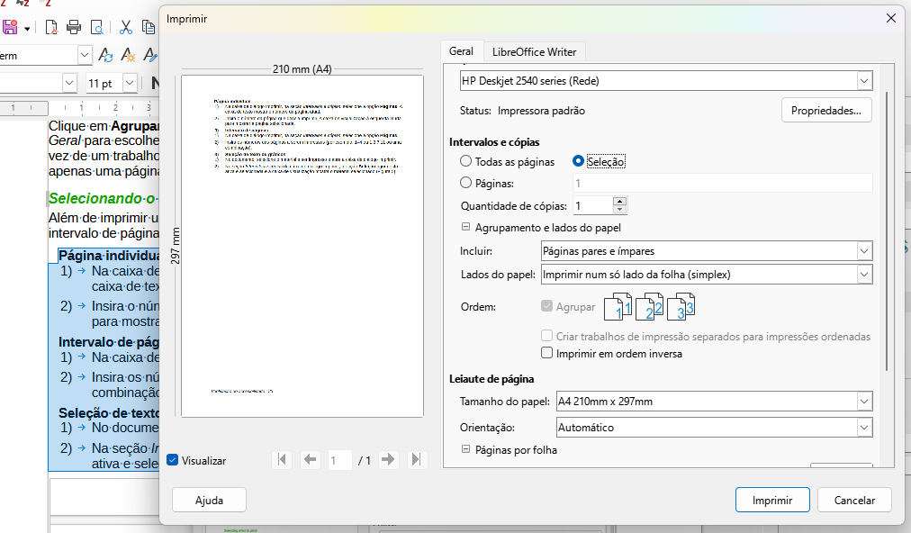 impressão de uma seleção de texto no Windows e Linux