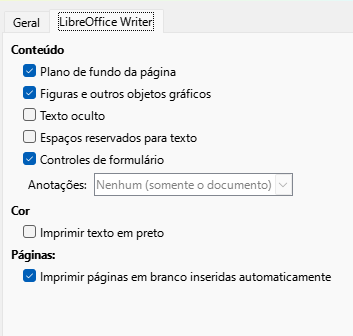 aba do LibreOffice Writer da caixa de diálogo Imprimir