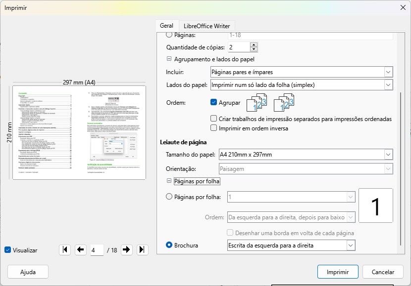 configurações para imprimir um folheto usando Windows ou Linux