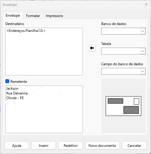 escolher informações de destinatário e remetente para um envelope