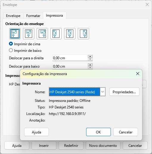 escolher opções de impressora para um envelope