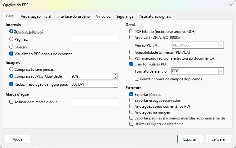 aba Geral da caixa de diálogo Opções de PDF