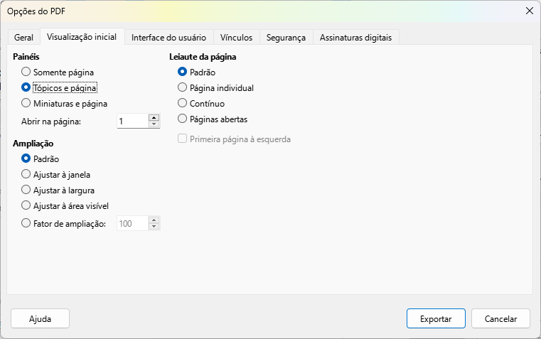 aba Visualização inicial da caixa de diálogo Opções de PDF