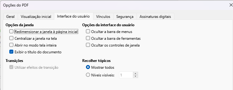 aba Interface do usuário da caixa de diálogo Opções do PDF