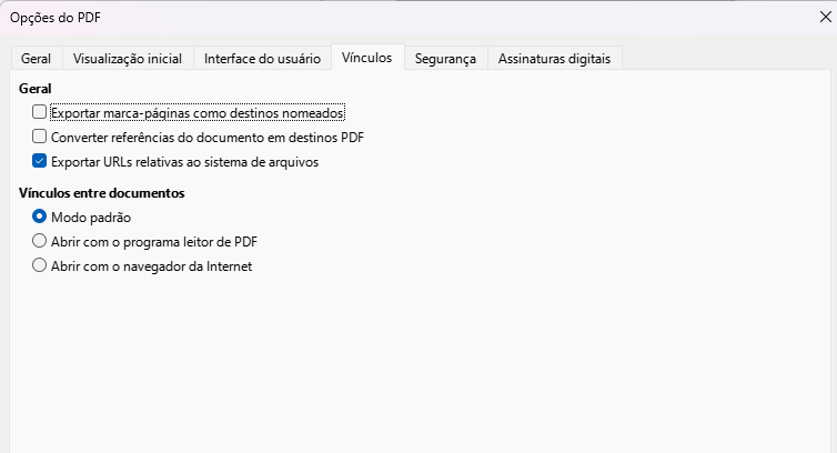 aba Vínculos da caixa de diálogo Opções de PDF