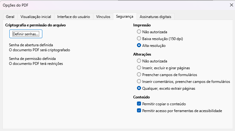 aba Segurança da caixa de diálogo Opções de PDF com senha de permissões definida