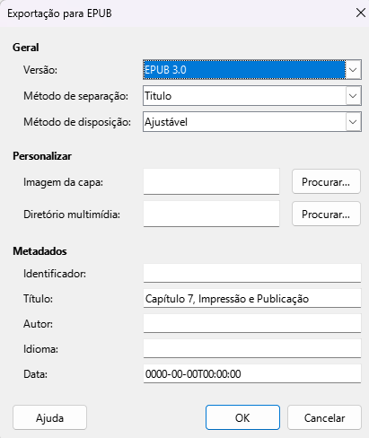 caixa de diálogo Exportação EPUB