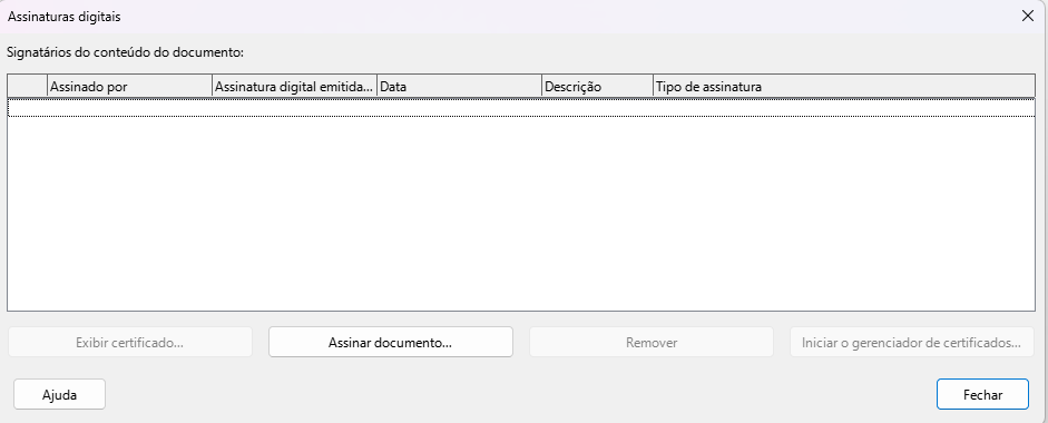 caixa de diálogo Assinaturas digitais