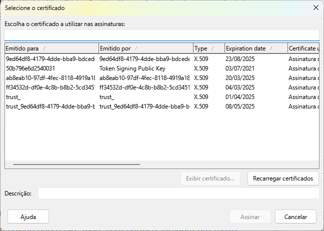 caixa de diálogo Selecione o certificado