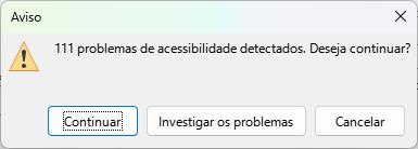 caixa de diálogo de aviso para problemas de acessibilidade