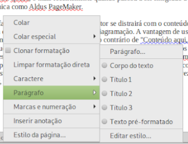 menu de contexto, submenu de Parágrafo