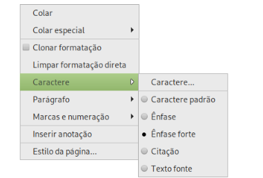 menu de contexto, submenu Caractere